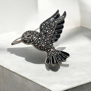 Vintage Hummingbird Brooch Black Marcasite & Enamel Bird in Flight Jewelry Pin
